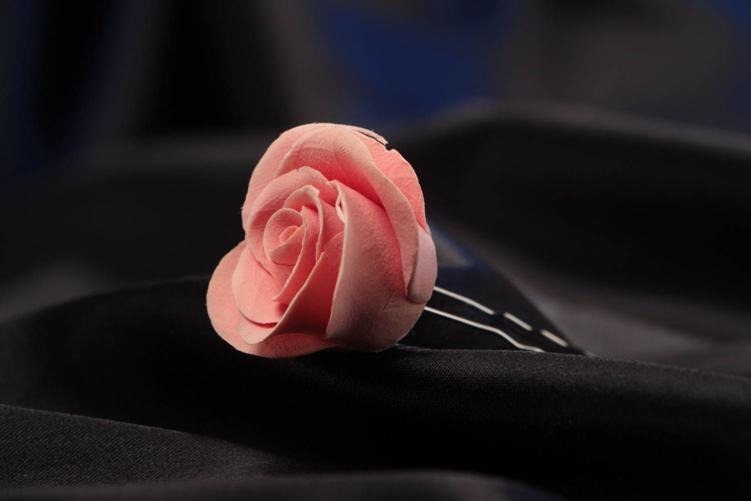 Handmade decorative hair pin with polymer clay rose flower of pink color photo 1
