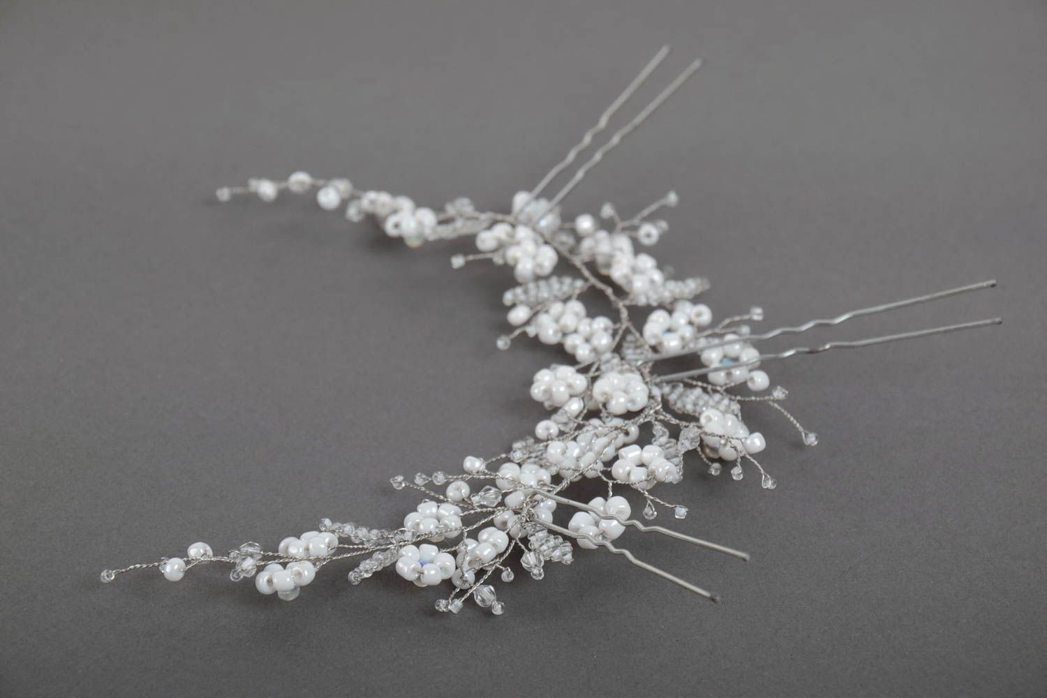Handmade designer hair accessory with white beaded flowers with hair pins photo 5