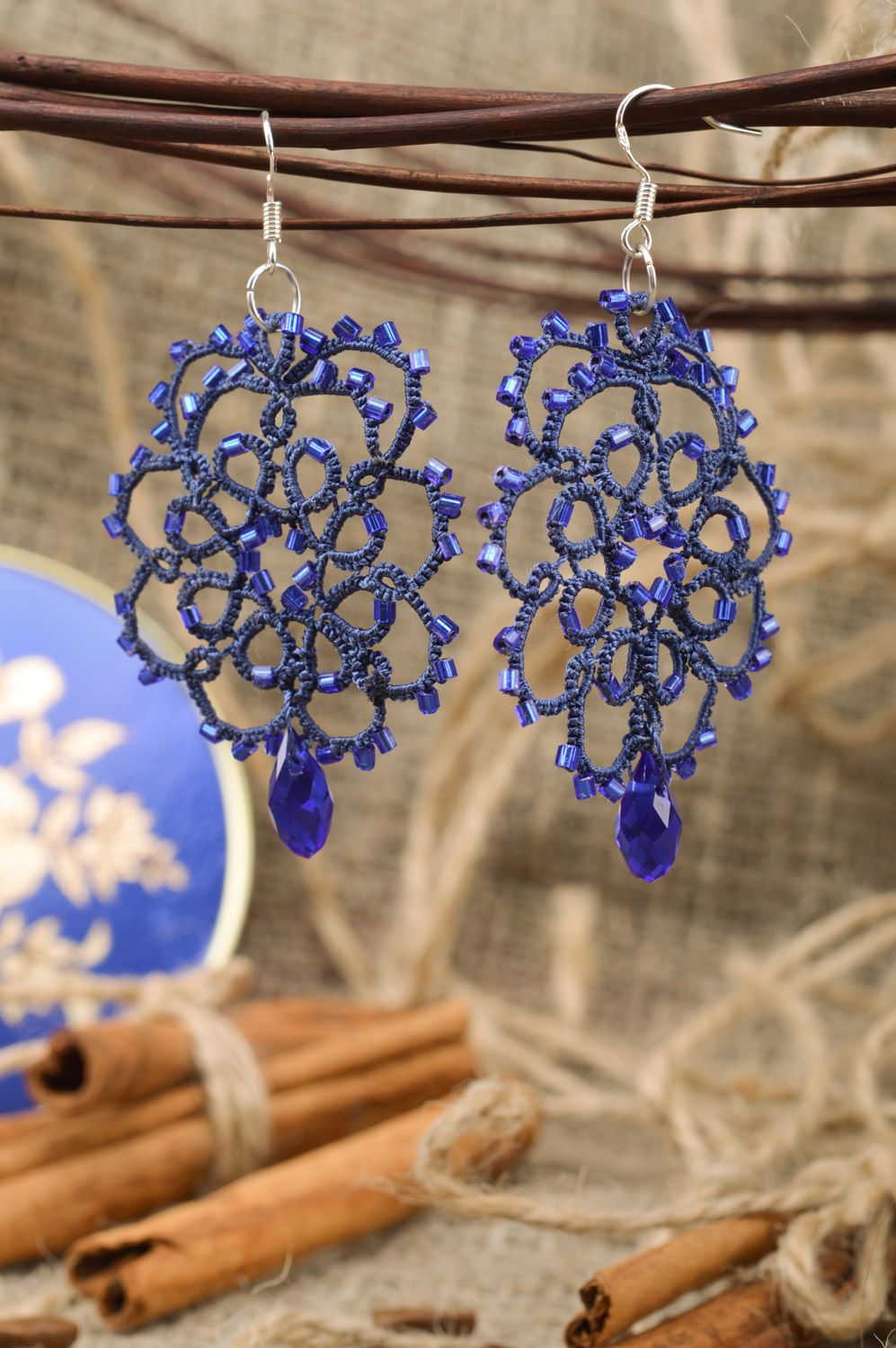 Handmade lacy tatted earrings woven of blue satin threads with Czech beads photo 1