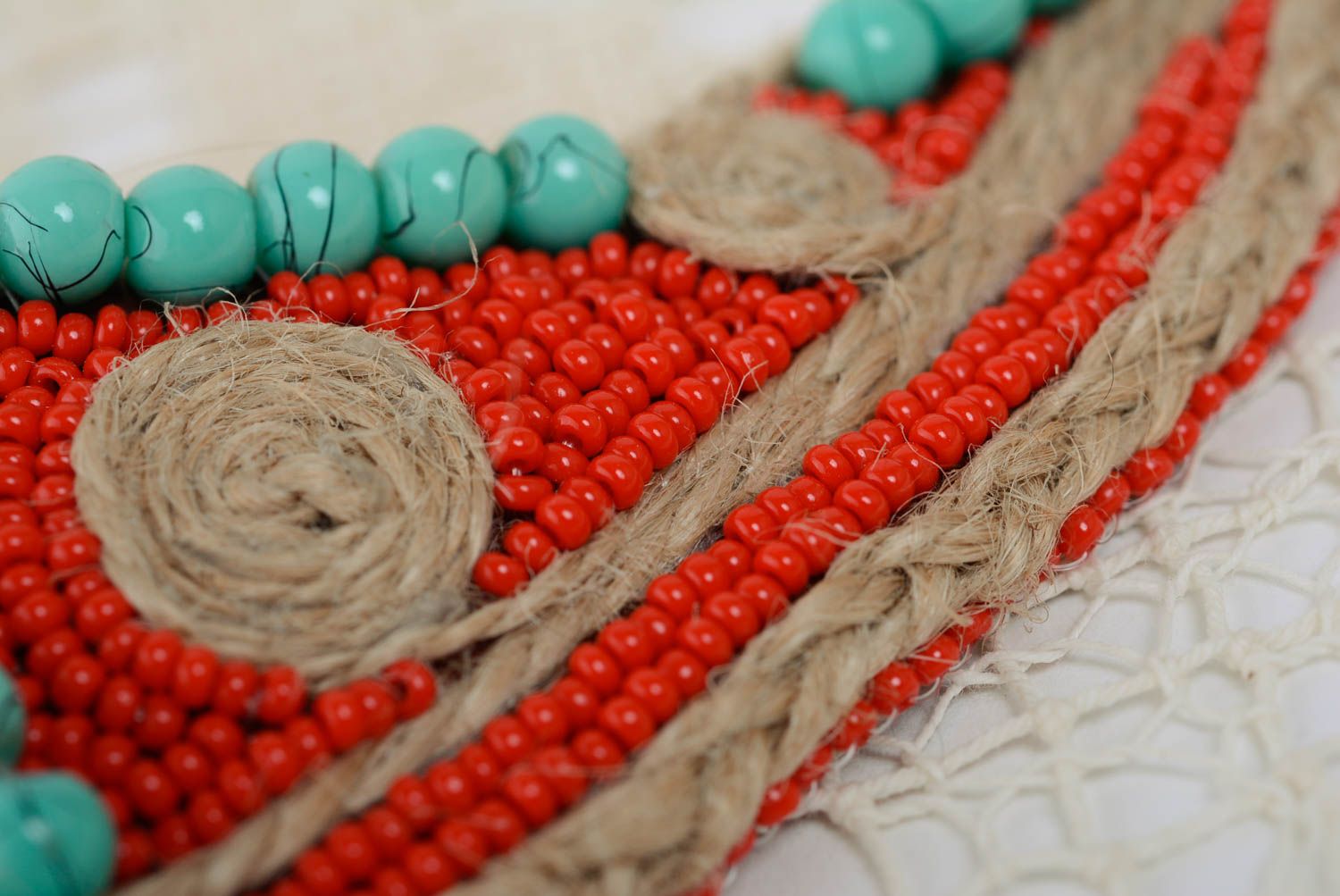 Handmade bead embroidered necklace with natural stones in turquoise and red colors photo 3