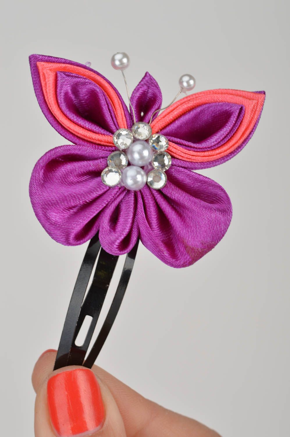 Handmade designer satin ribbon kanzashi hair clip bright pink butterfly photo 3