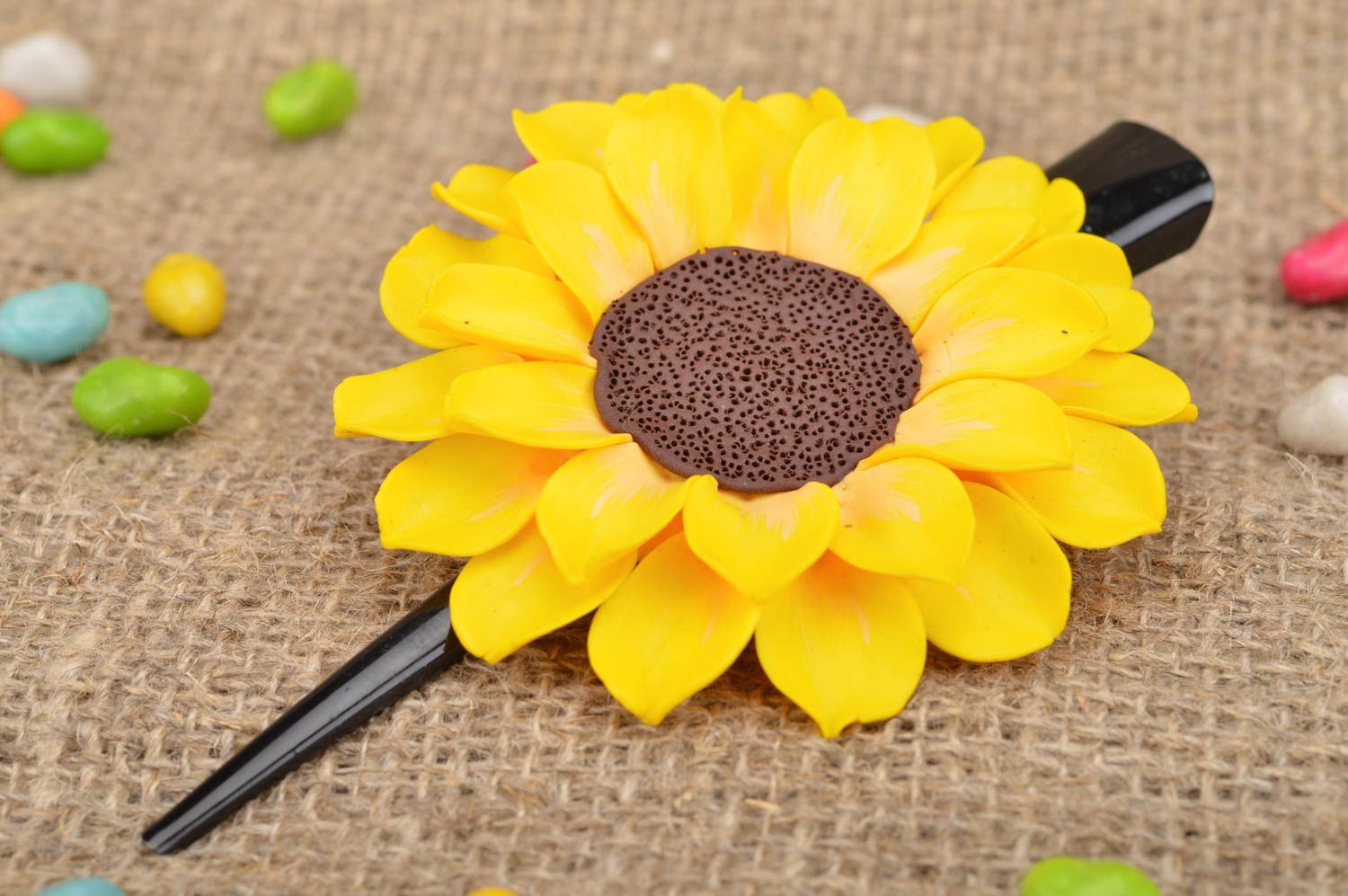 Handmade designer metal hair clip with large bright polymer clay sunflower  photo 1