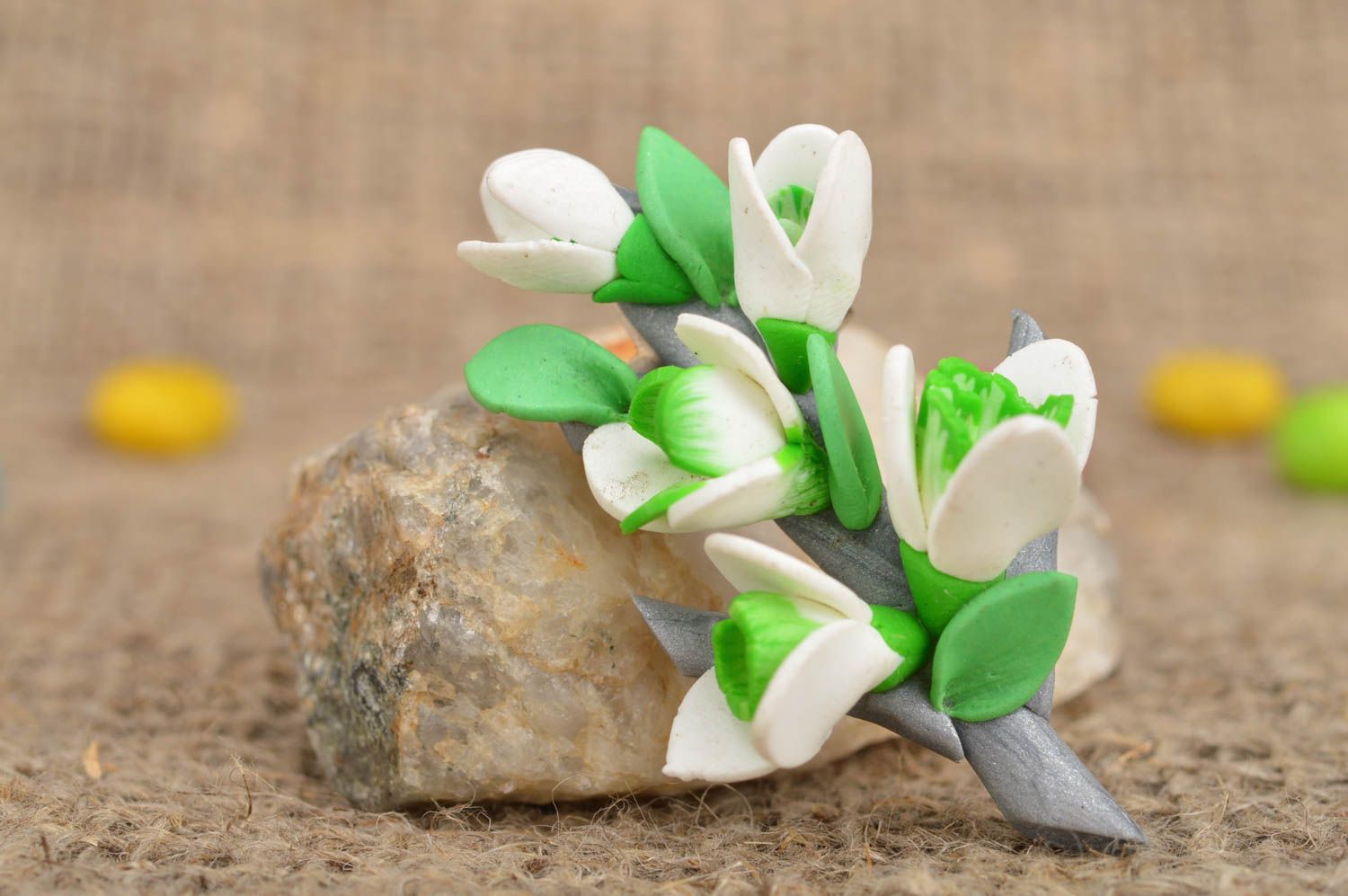 Beautiful homemade designer polymer clay flower brooch Snowdrops photo 1