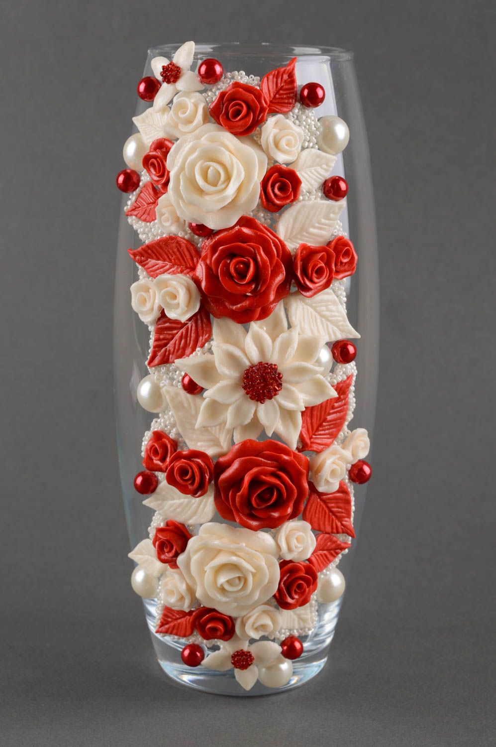 11 inches clear glass flower vase with floral décor with red&white roses 1,6 lb photo 2