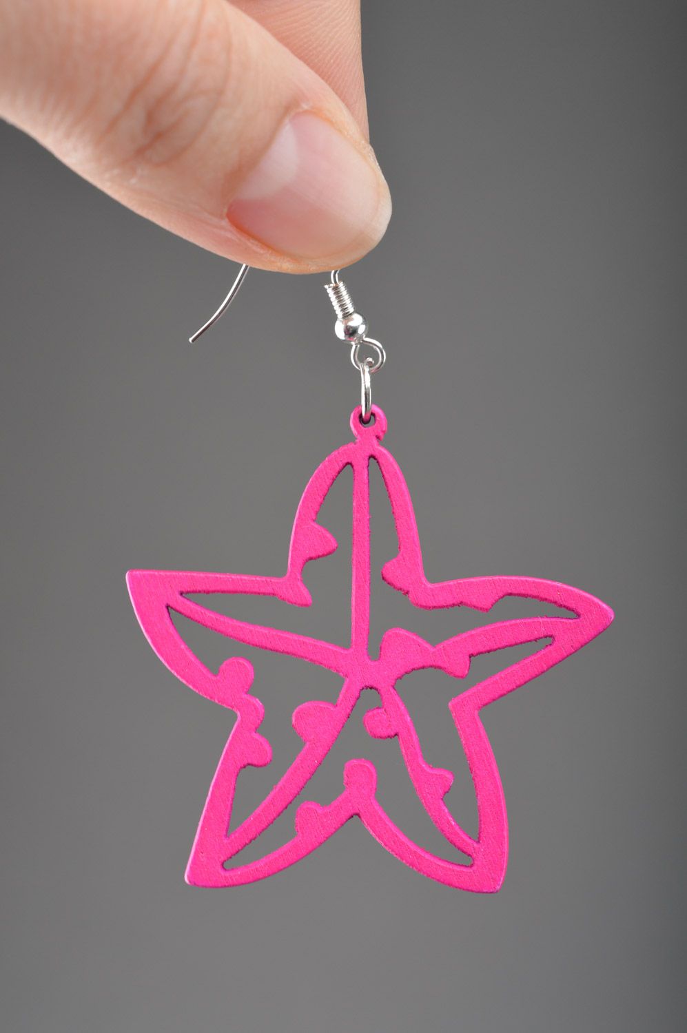 Handmade wooden dangle earrings in the shape of bright pink flowers for girls photo 3
