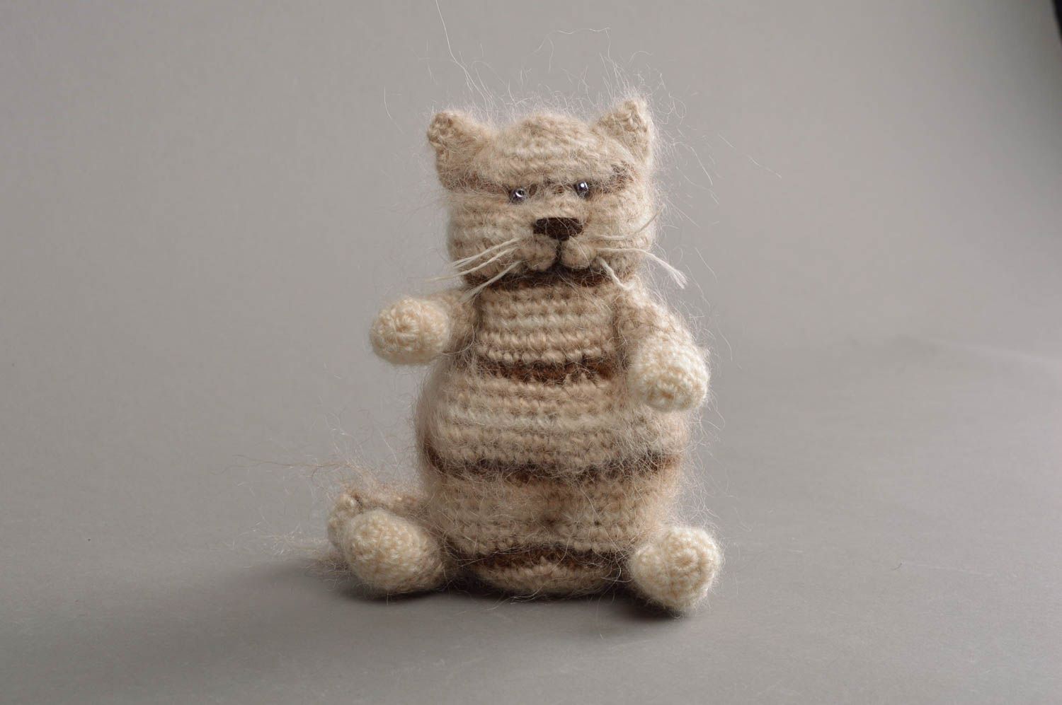 Small handmade beautiful gray soft toy cat crocheted of mohair threads photo 1
