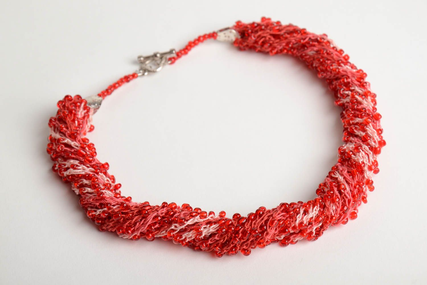 Handmade multi row designer crocheted necklace with Czech beads in red color photo 3