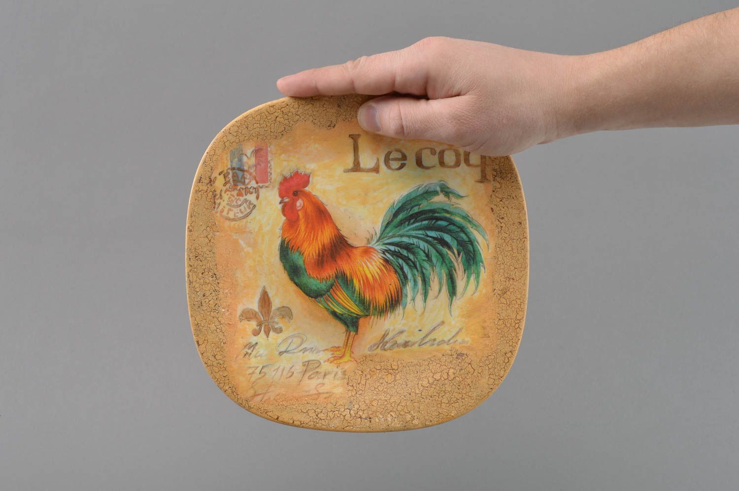 Handmade decorative round designer decoupage glass plate with image of cockerel photo 4
