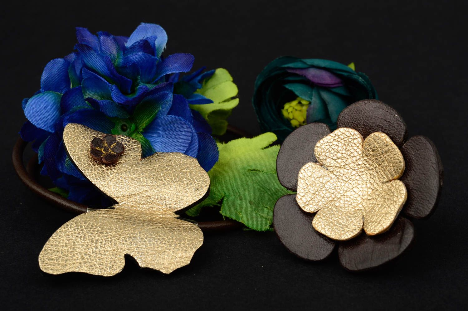 Collier en cuir Bague fait main fleur et papillon design insolite Cadeau femme photo 1