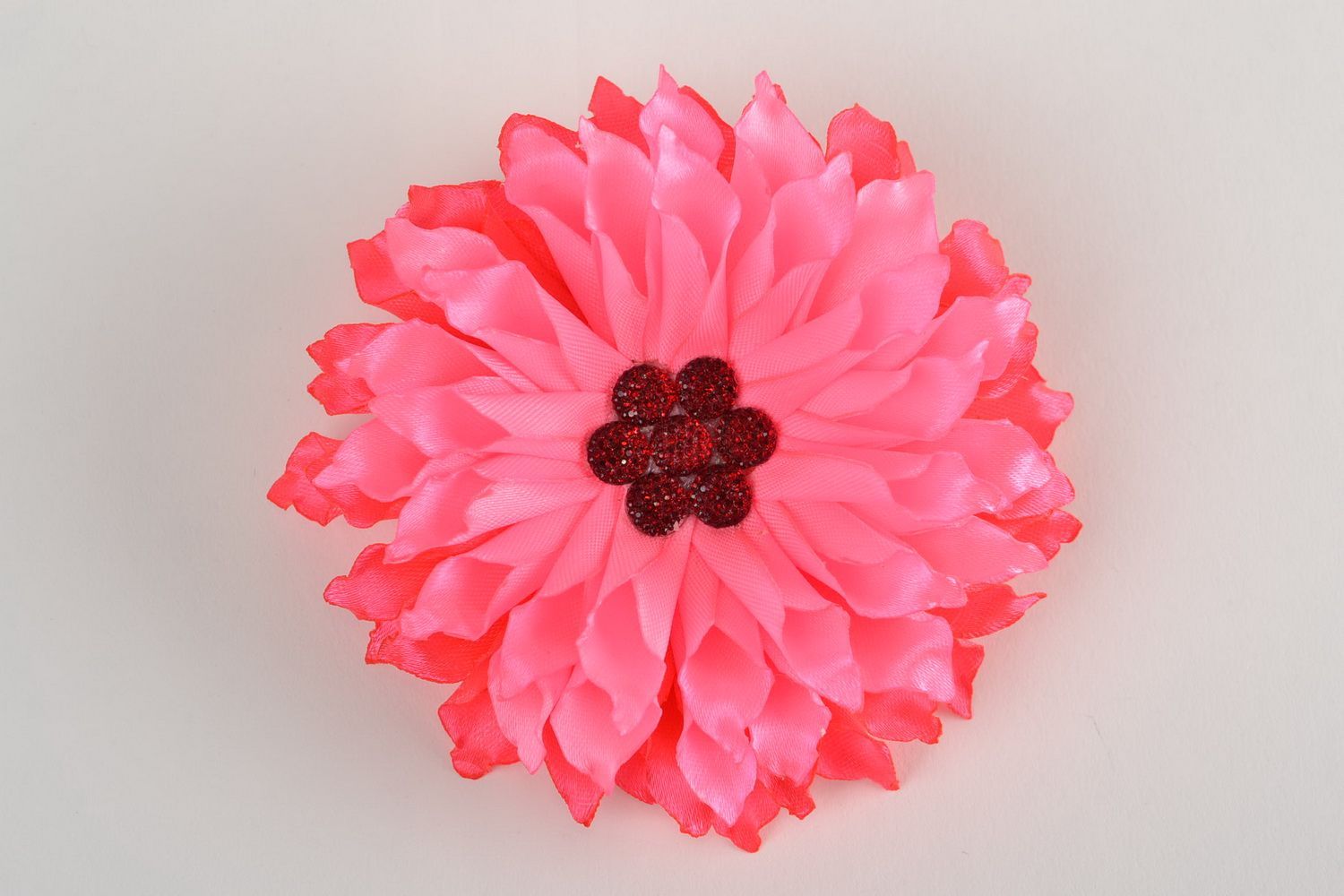 Handmade decorative hair tie with large volume bright pink satin ribbon flower photo 3