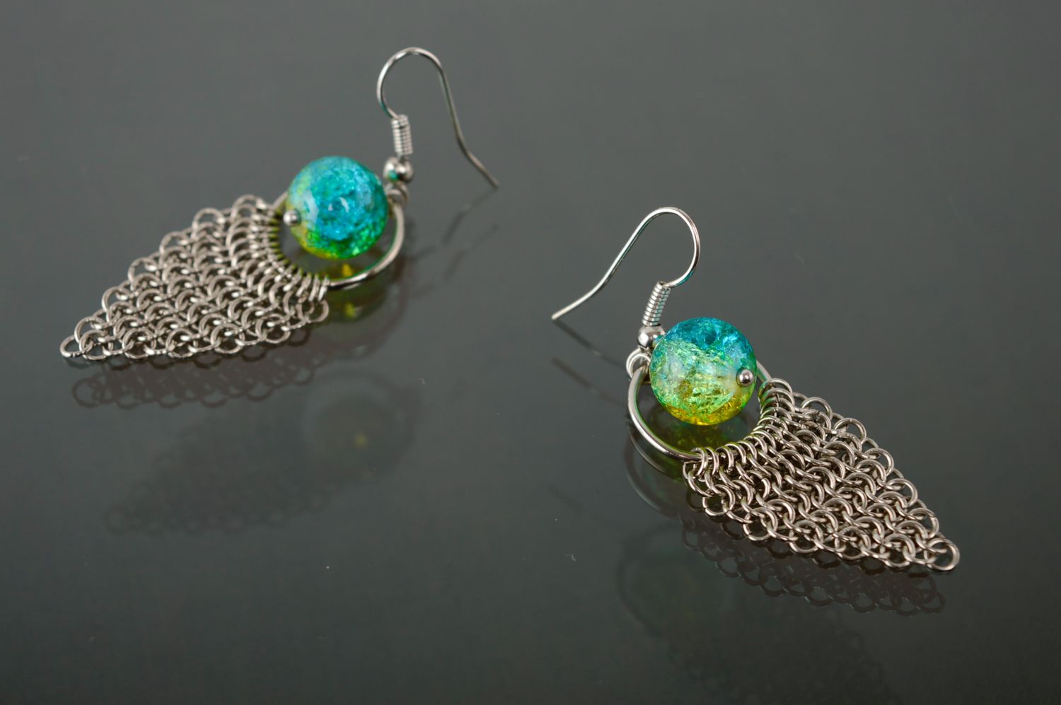 Handmade metal earrings with Czech glass bead photo 2