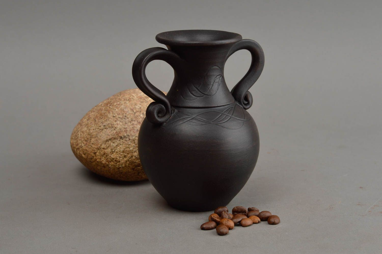Dark brown two handles' 5 oz clay glazed pitcher for shelf décor 4,3'', 0,4 lb photo 1