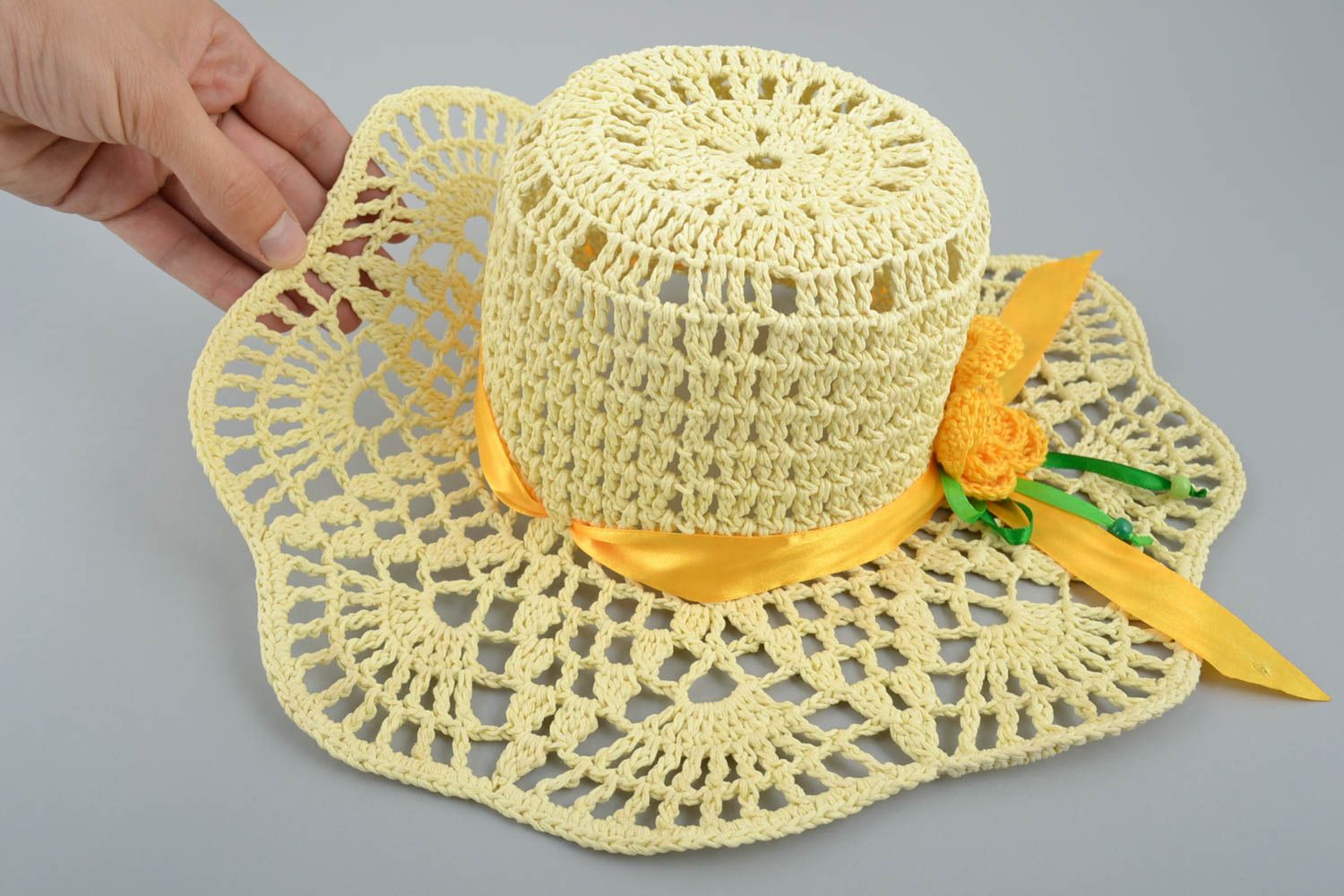 Handmade designer womens crocheted lacy summer hat with yellow artificial flower photo 3