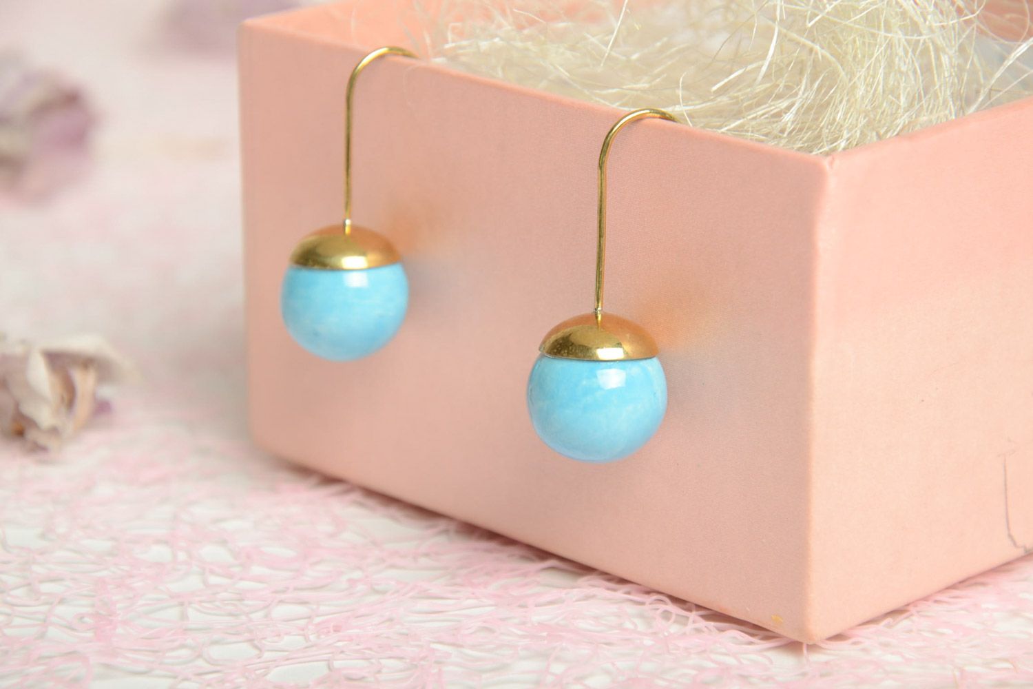 Women's handmade blue ceramic ball earrings in brass frame photo 1