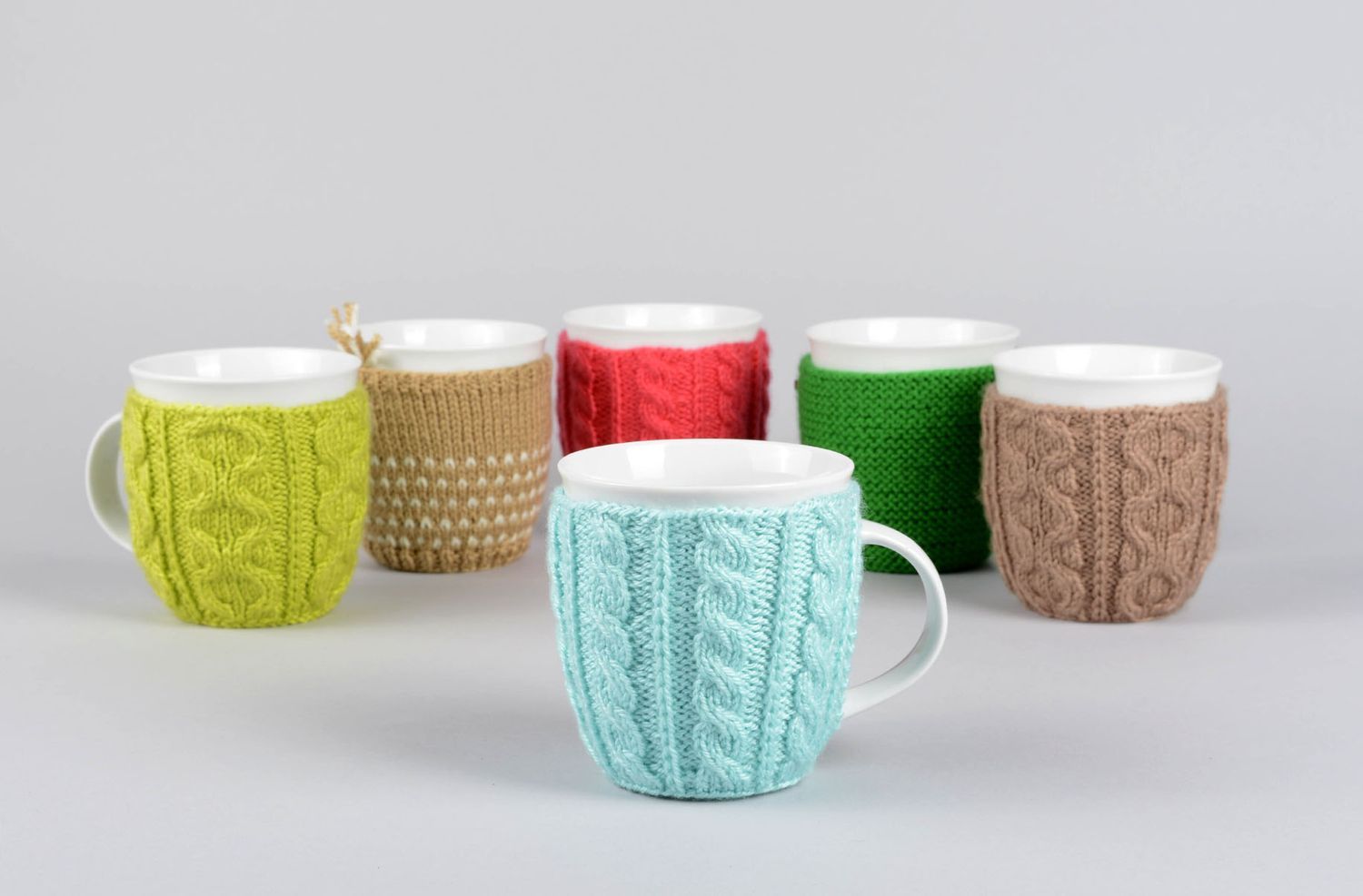 White teacup with handle and knitted cover in any color photo 5