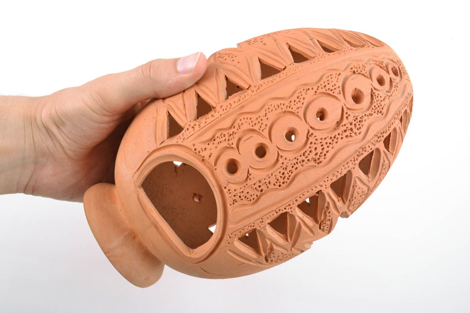 Handmade designer carved clay vase in the shape of egg photo 2