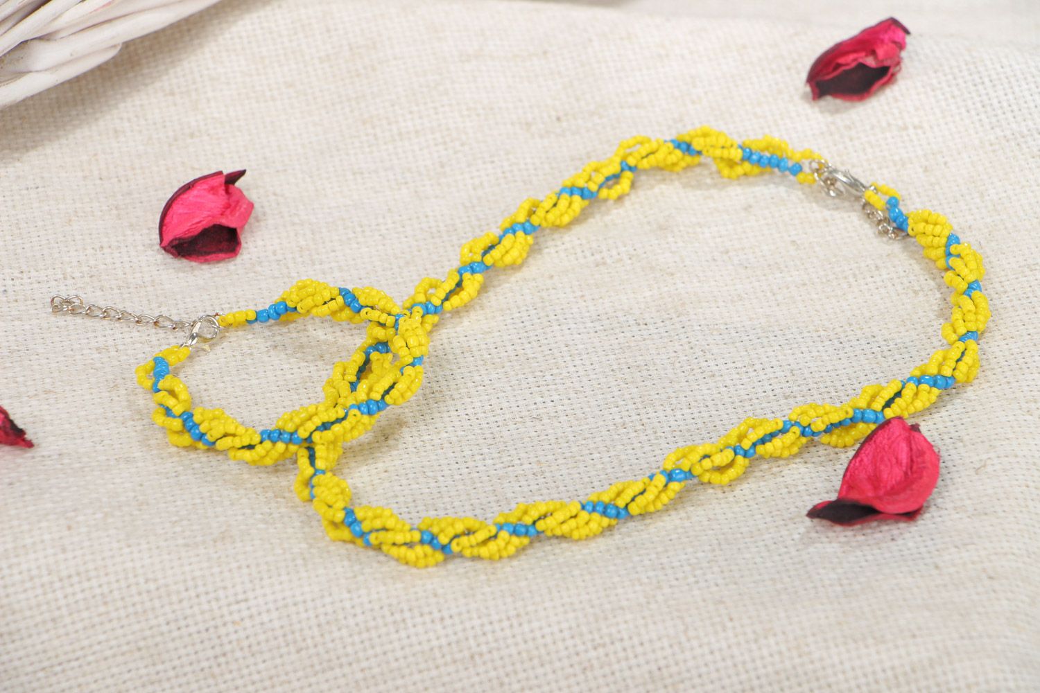 Set of handmade jewelry set necklace and bracelet woven of yellow and blue beads photo 1