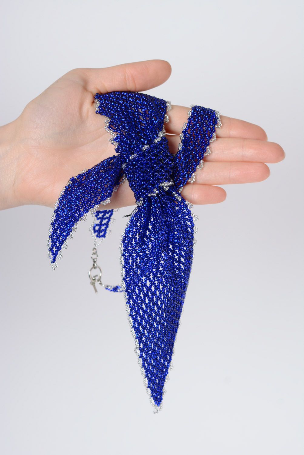 Unusual festive blue woven beaded necklace in the shape of tie photo 3