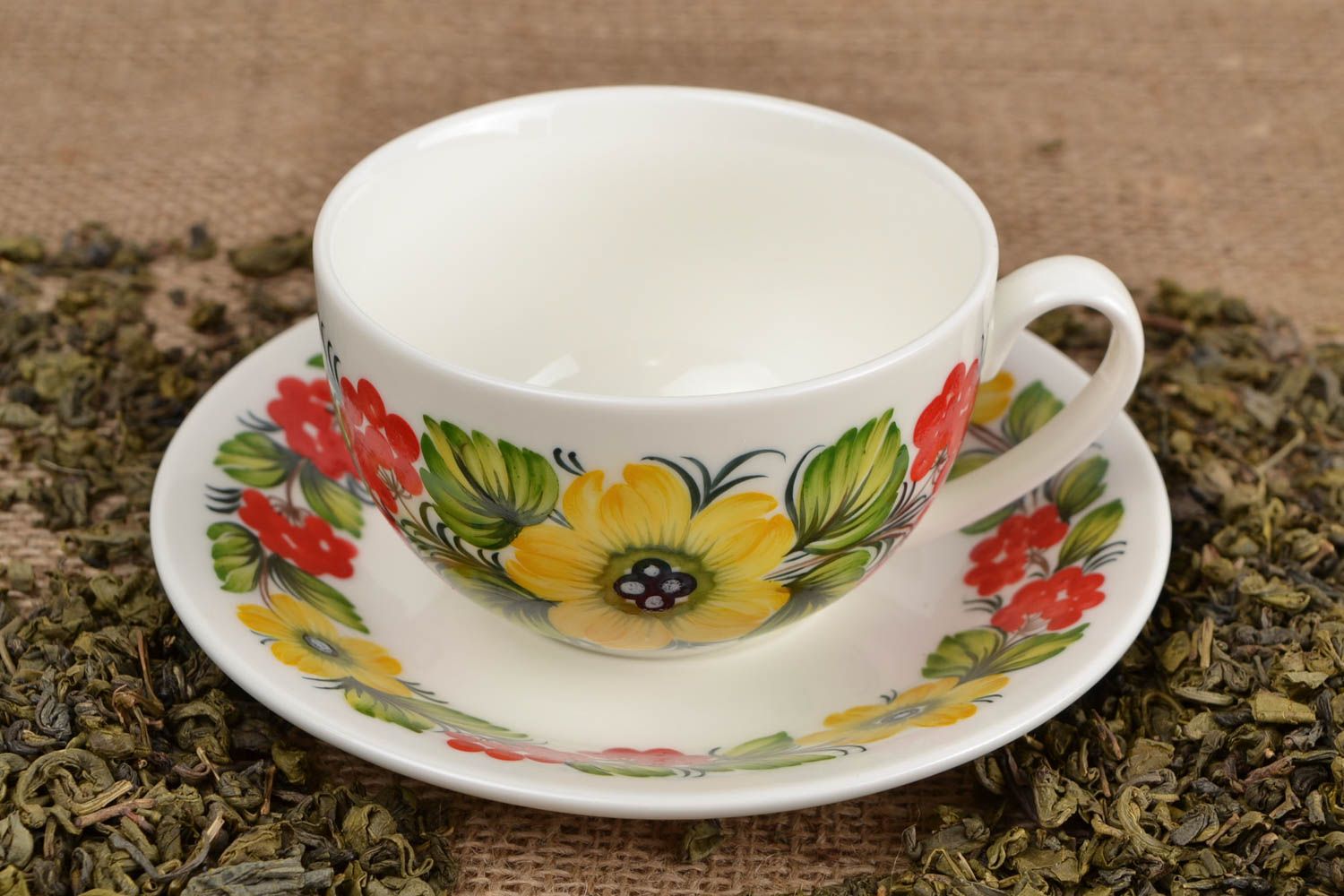 White porcelain elegant teacup with handle and Russian style floral pattern photo 1