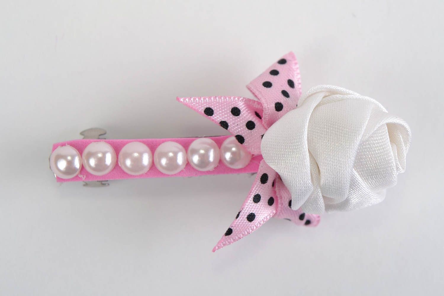 Hairpin made of rep ribbon handmade barrette with white rose present for girl photo 3