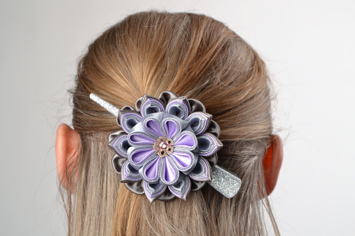 Handmade flower hairpin made of satin and brocade ribbons kanzashi technique photo 1