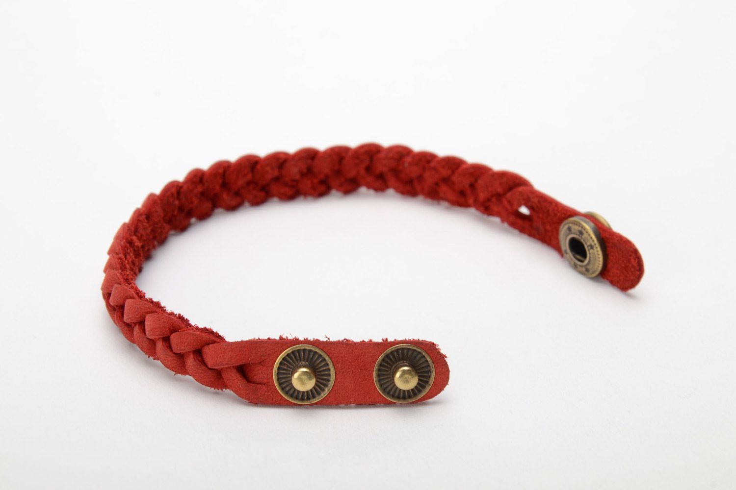 Thin handmade wrist bracelet woven of genuine leather of red color for women photo 4