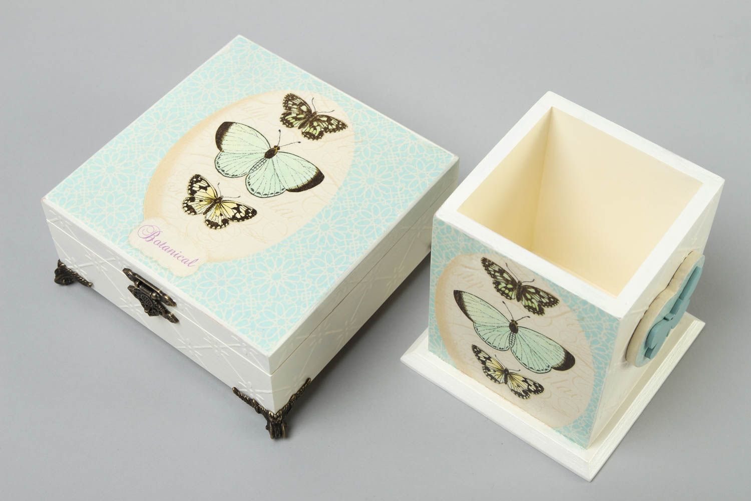 Pot à crayons design Boîte bois fait main blancs Accessoire bureau serviettage photo 2