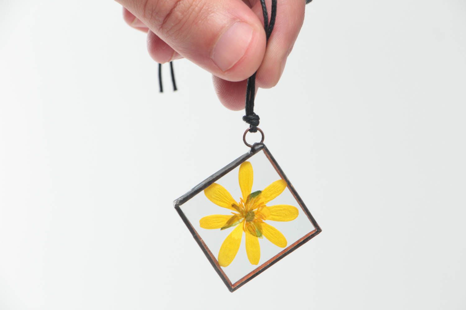 Beautiful handmade glass pendant with real flower inside on waxed cord Yellow photo 5