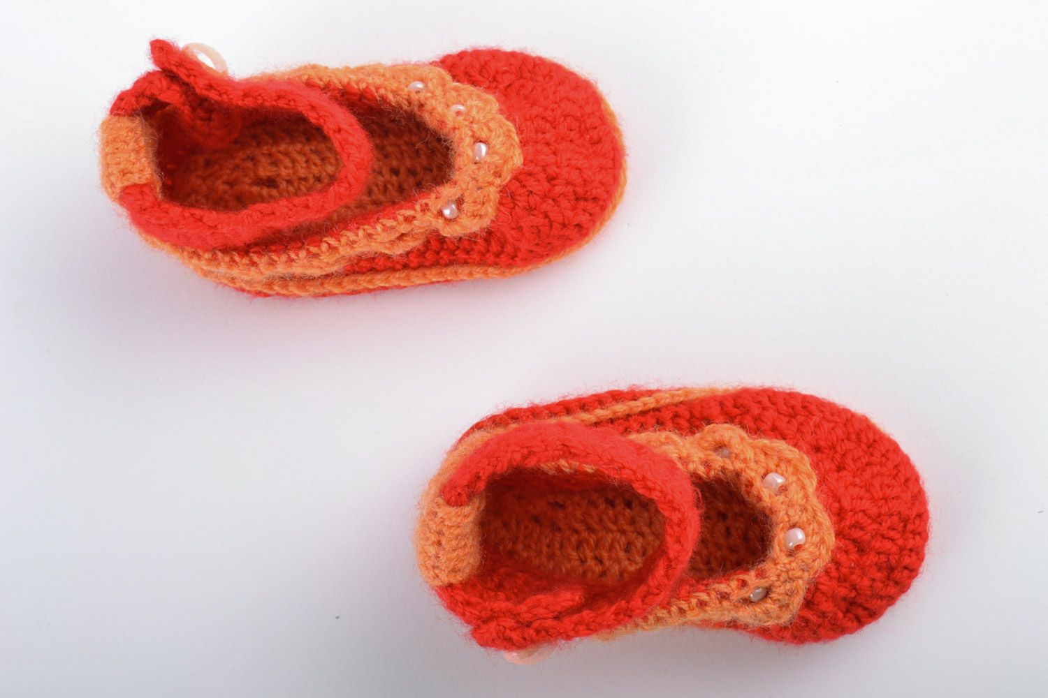 Handmade red knitted cotton baby booties in the shape of sandals  photo 4