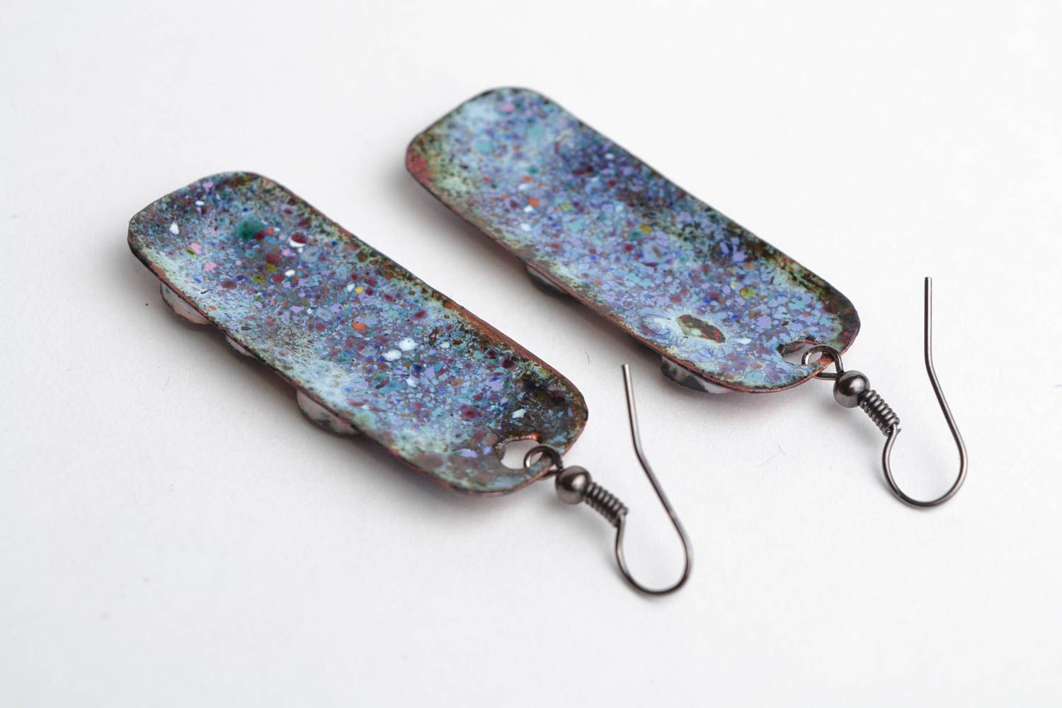 Handmade long rectangular enameled copper earrings in violet color palette photo 5