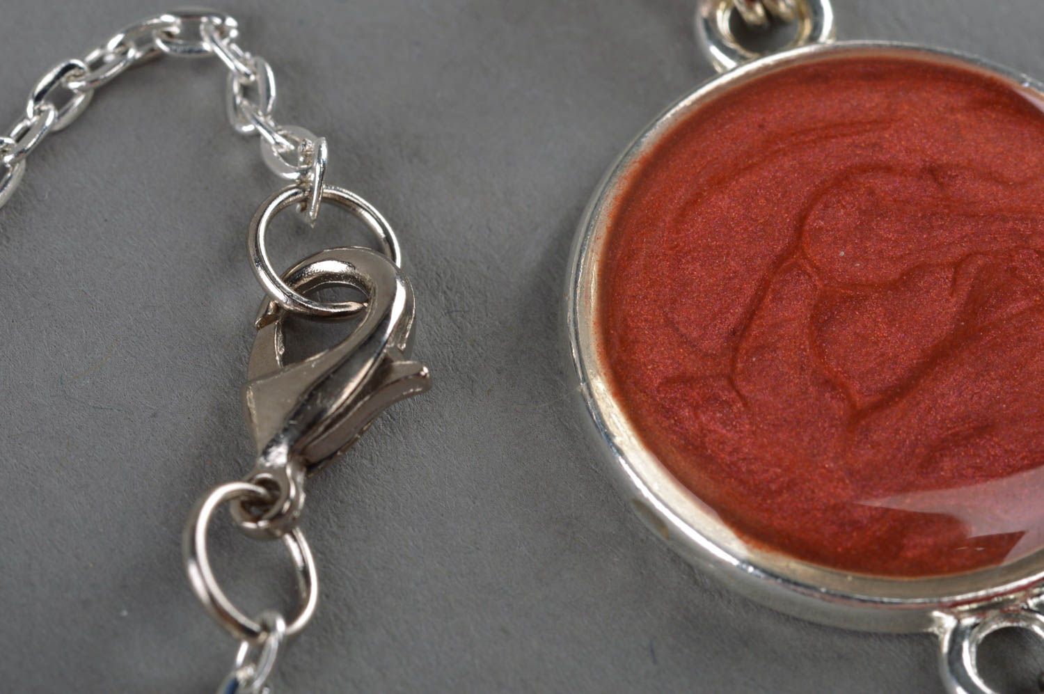 Handmade designer round dark red decoupage pendant necklace on metal chain photo 3