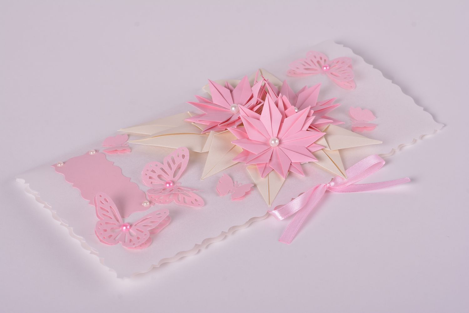 Carte de voeux fait main rose blanc en carton design délicat Cadeau original photo 1
