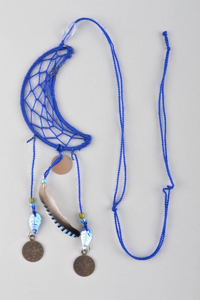 Ciondolo acchiappasogni fatto a mano pendente originale con piuma blu amuleto foto 2