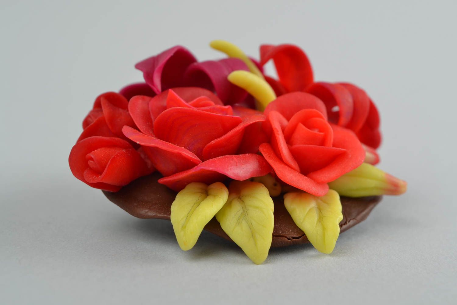 Red handmade brooch made of polymer clay in the form of flowers stylish jewelry photo 4
