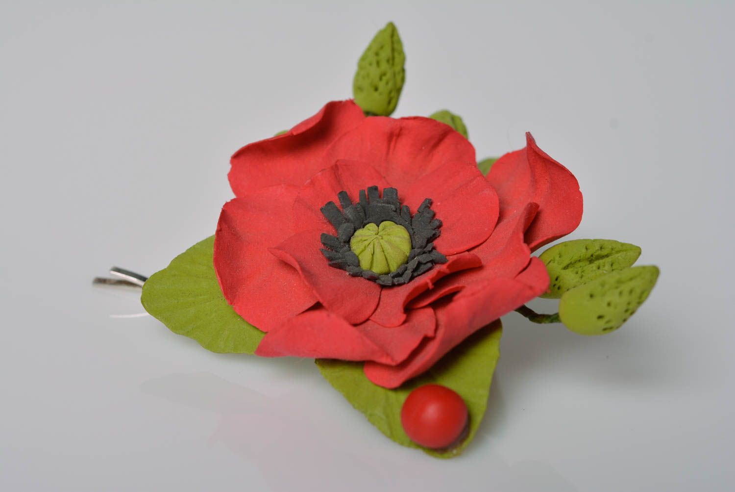 Pince invisible avec fleur de pavot rouge en pâte polymère faite main originale photo 5