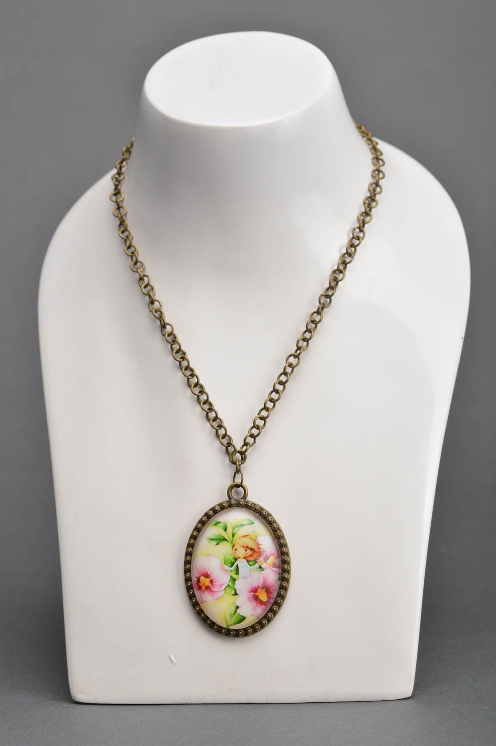 Handmade designer oval pendant on chain in vintage style with flowers  photo 1