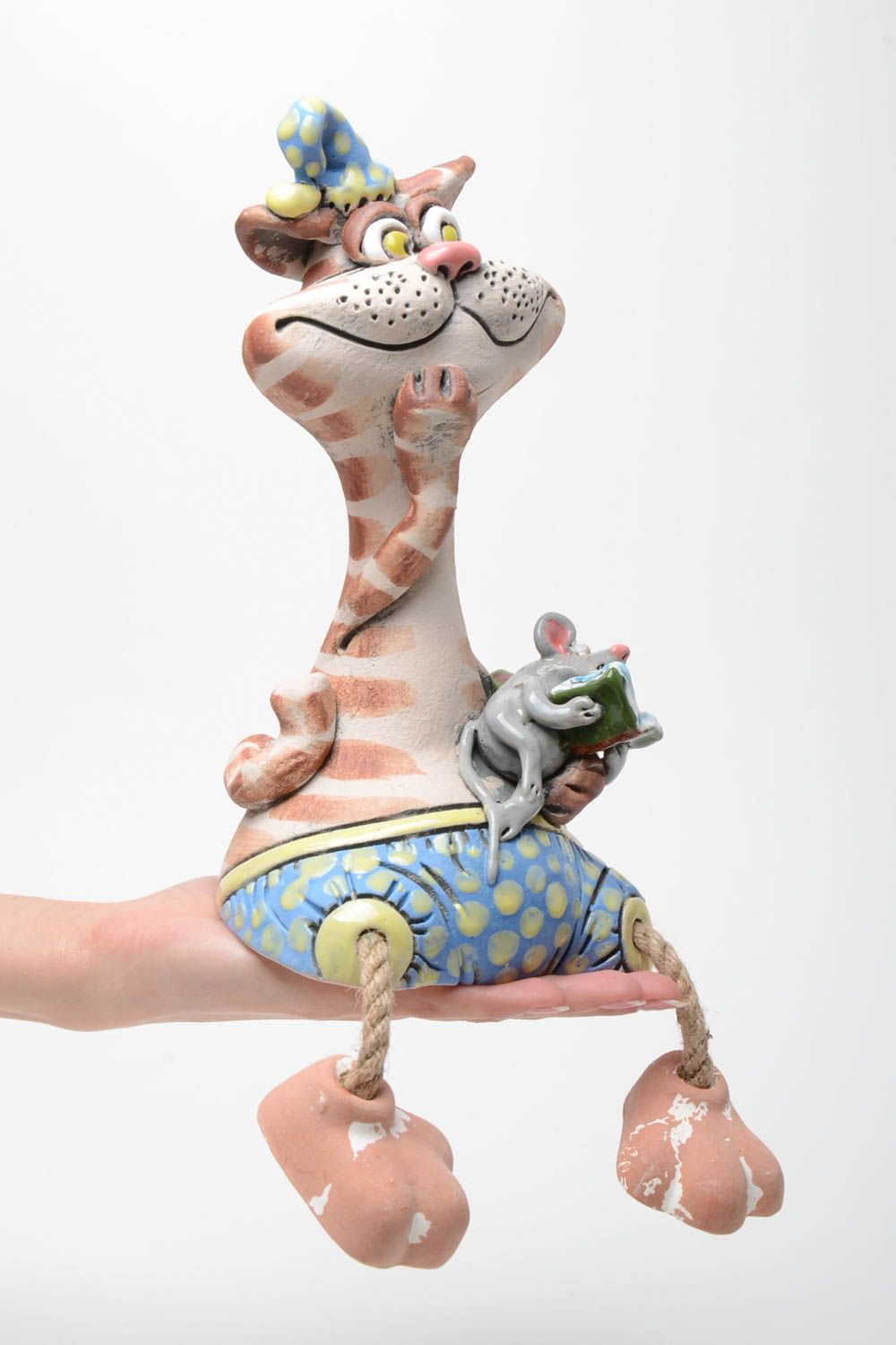 Tirelire en argile originale faite main peinte en forme de chat amusant photo 5
