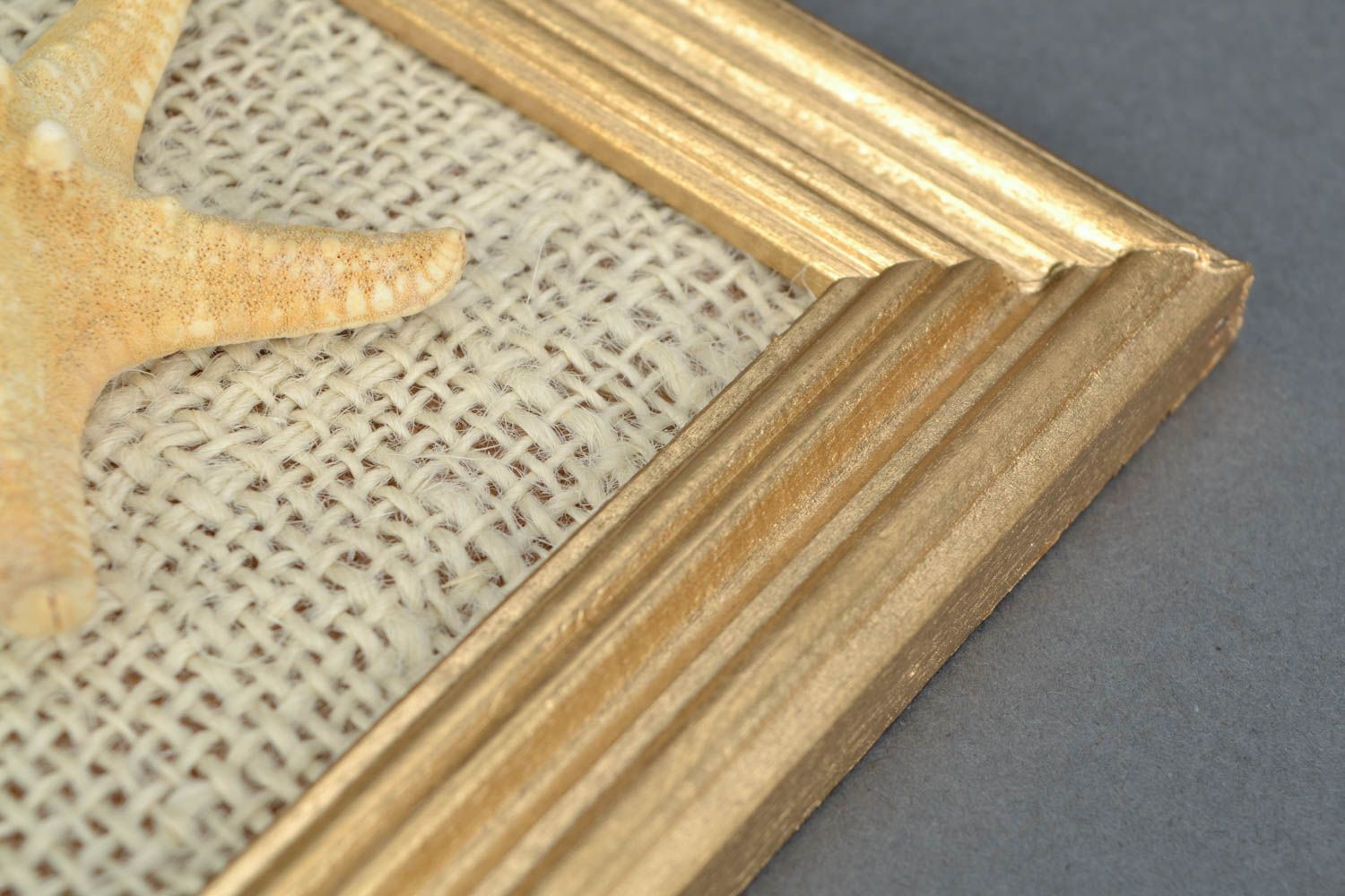 Handmade decorative wall panel on burlap basis in wooden frame with sea star photo 5