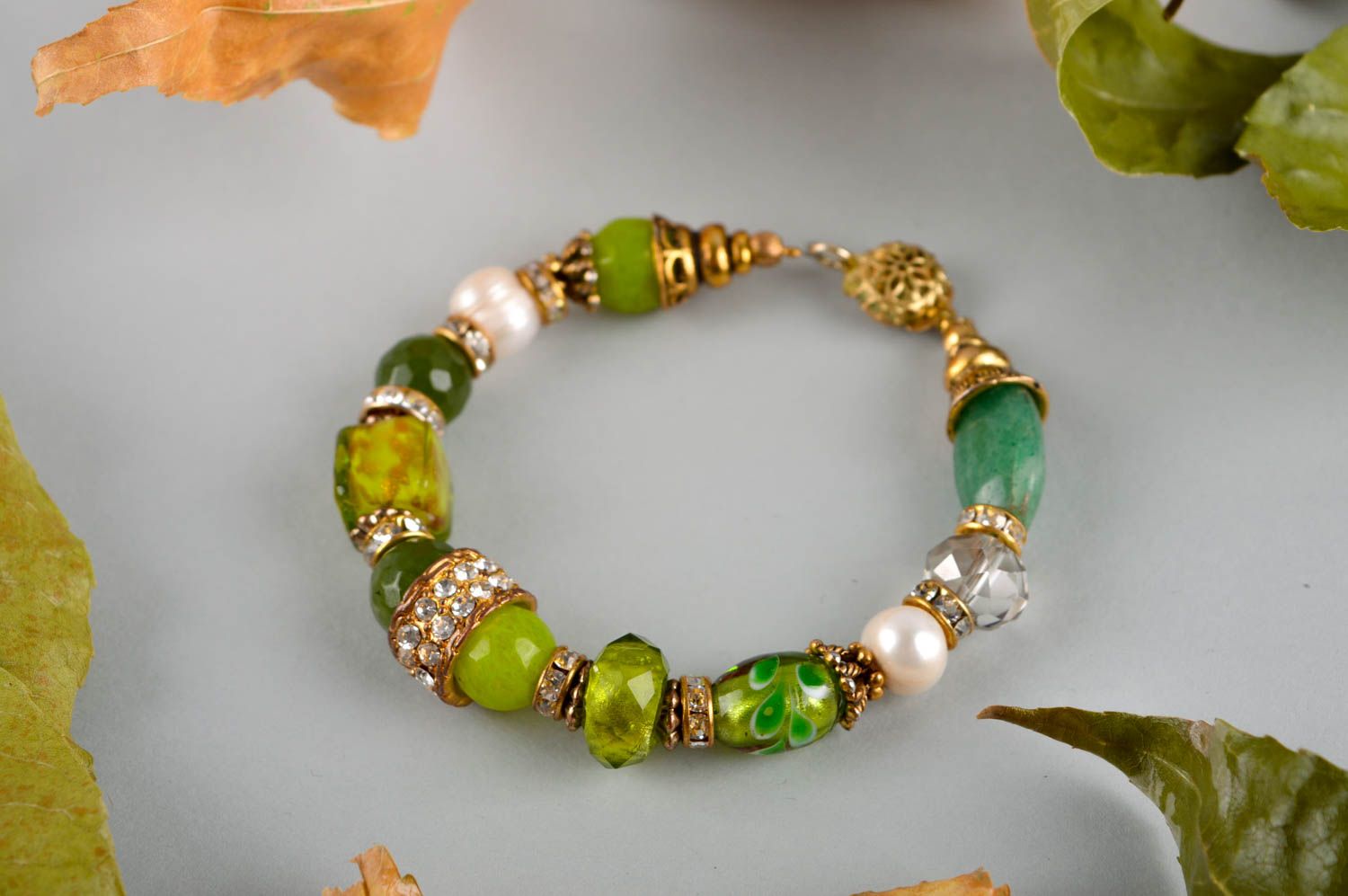 Bracelet vert Bijou fait main agate perles cristaux strass Cadeau femme photo 1