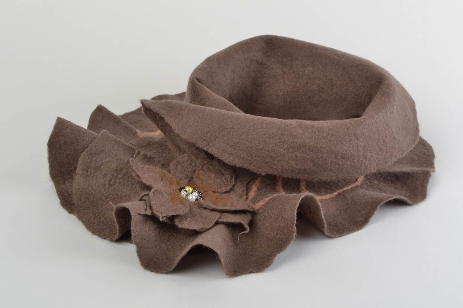 Warm scarf with flower brooch made of merino wool coffee with milk color  photo 1