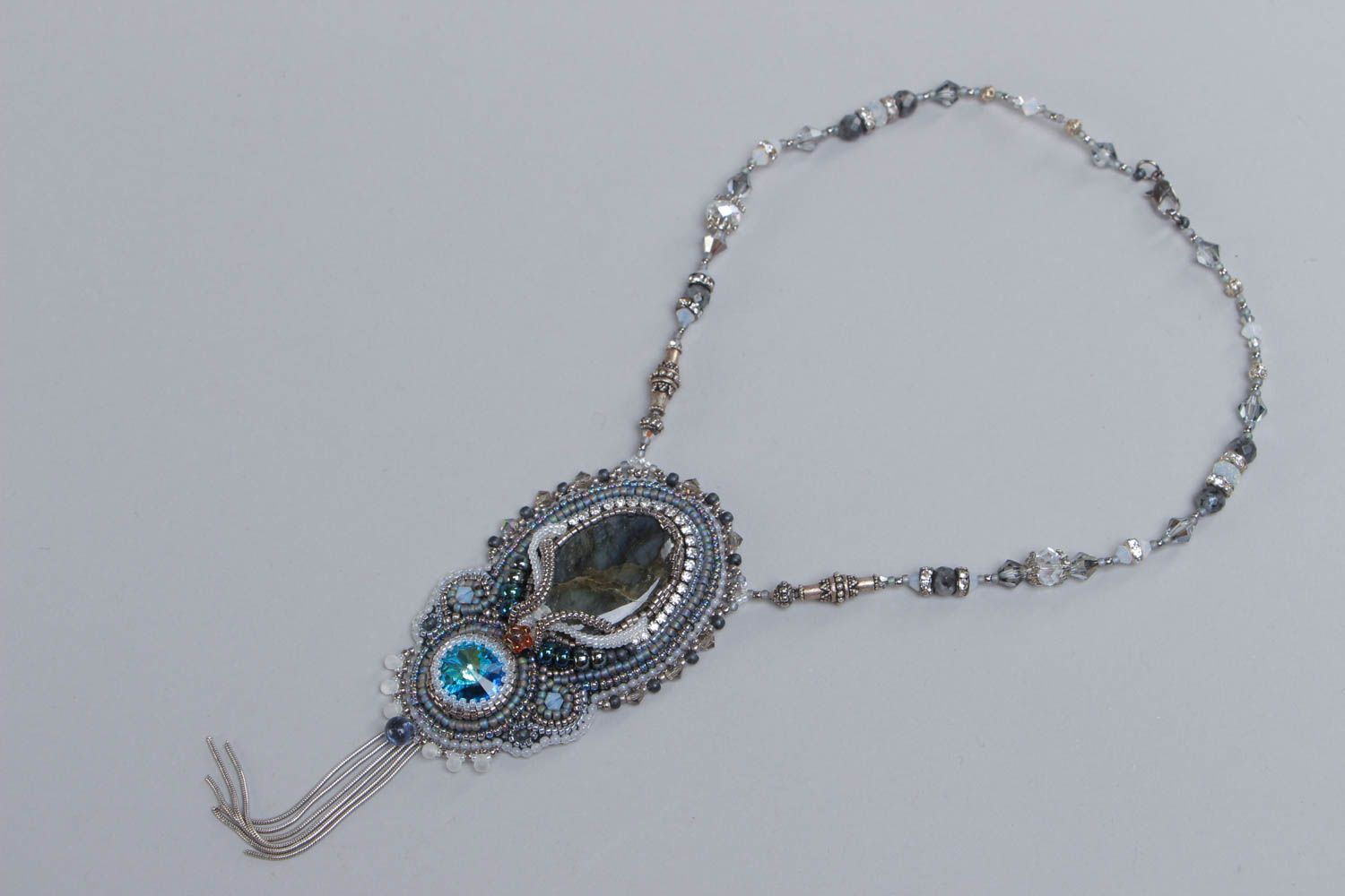 Beautiful beaded pendant with labradorite and crystal evening stylish accessory photo 2
