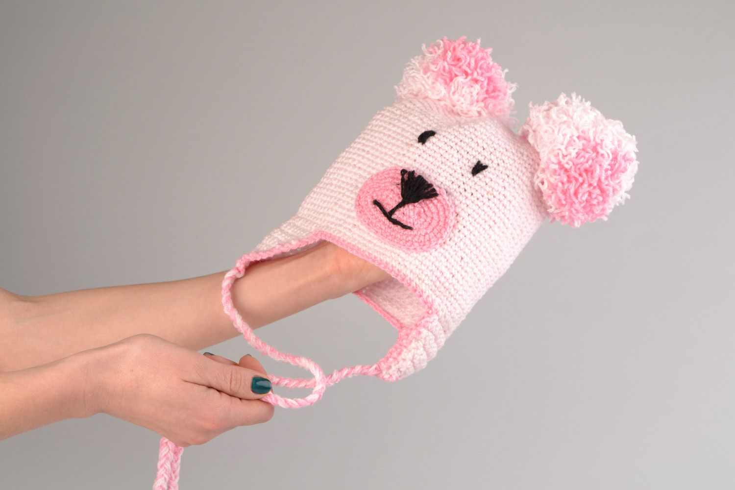Handmade hat crocheted of hypoallergenic acrylics in the shape of pink bear photo 2