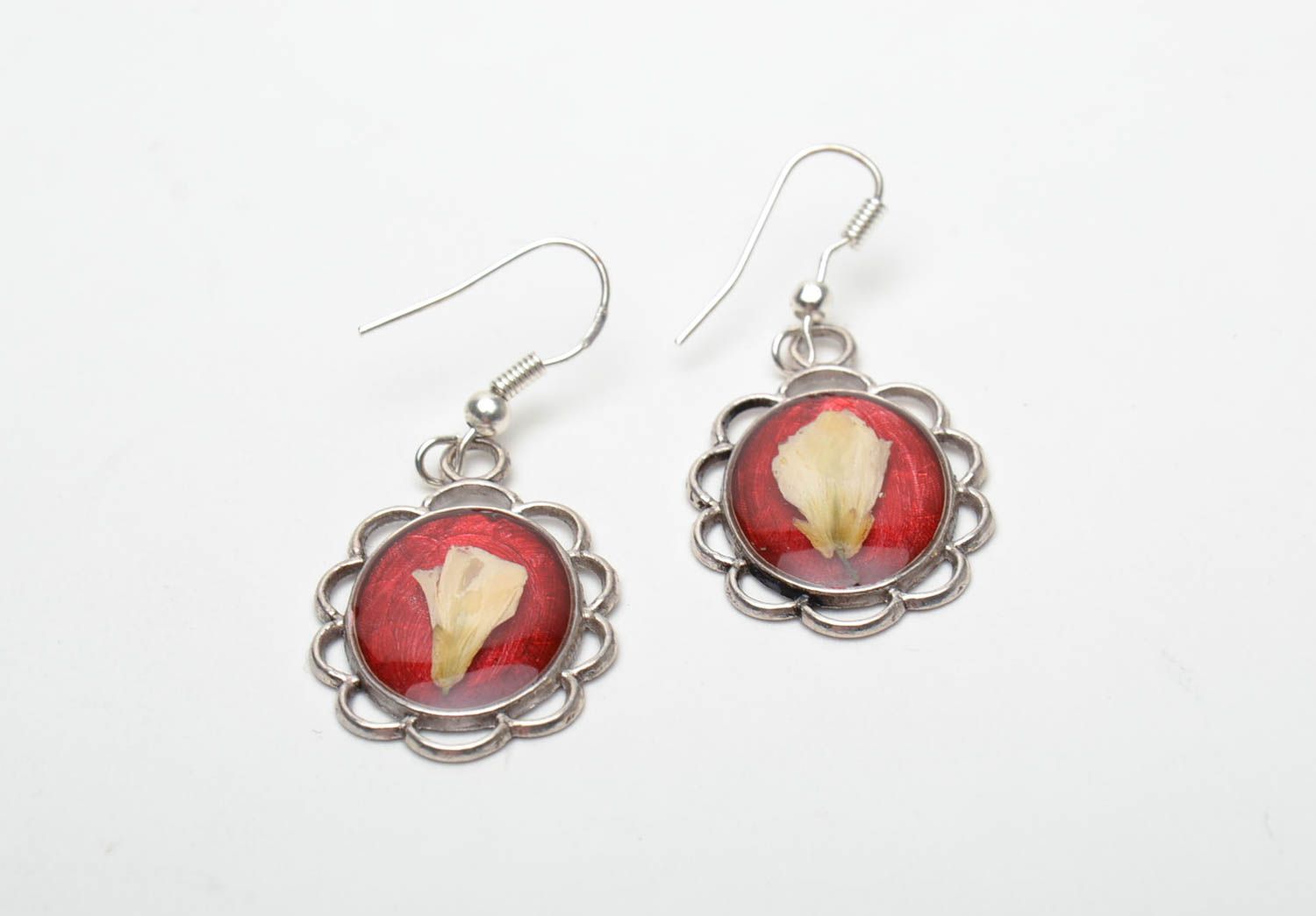 Red earrings with natural flowers and epoxy resin photo 3
