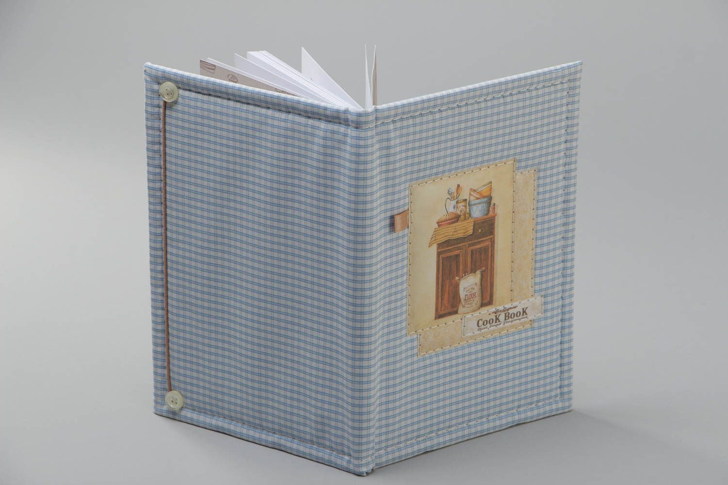 Handgemachtes Notizbuch für Rezepte mit Stoffumschlag blau kariert stilvoll foto 4