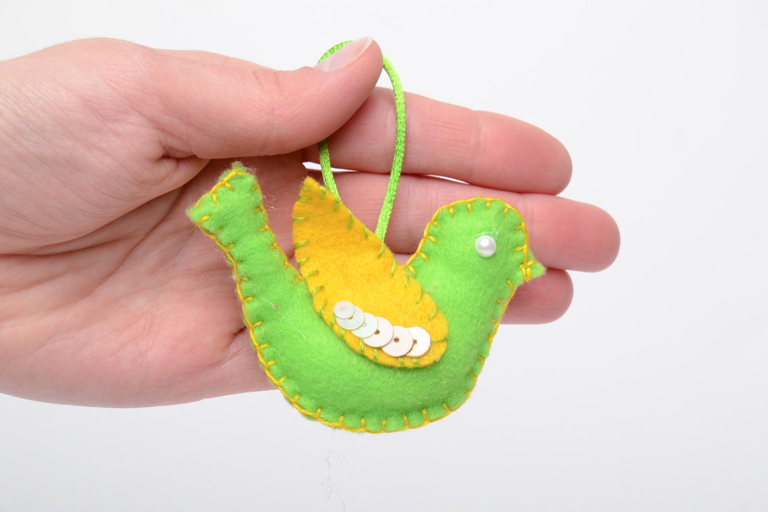 Handmade interior soft decoration sewn of fleece in the shape of bird of green color photo 5