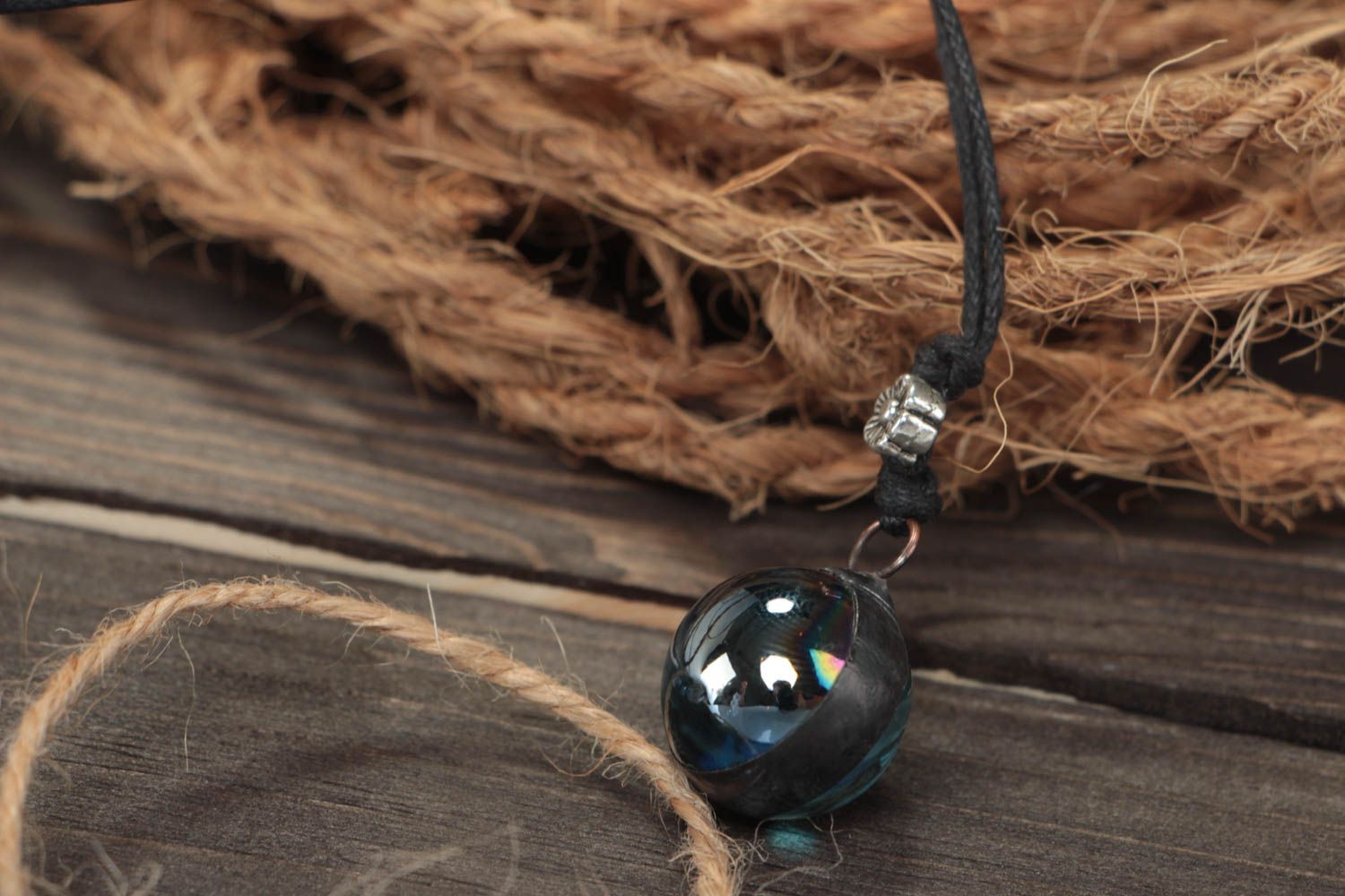 Unusual beautiful handmade gray tin and glass ball pendant on cord photo 1