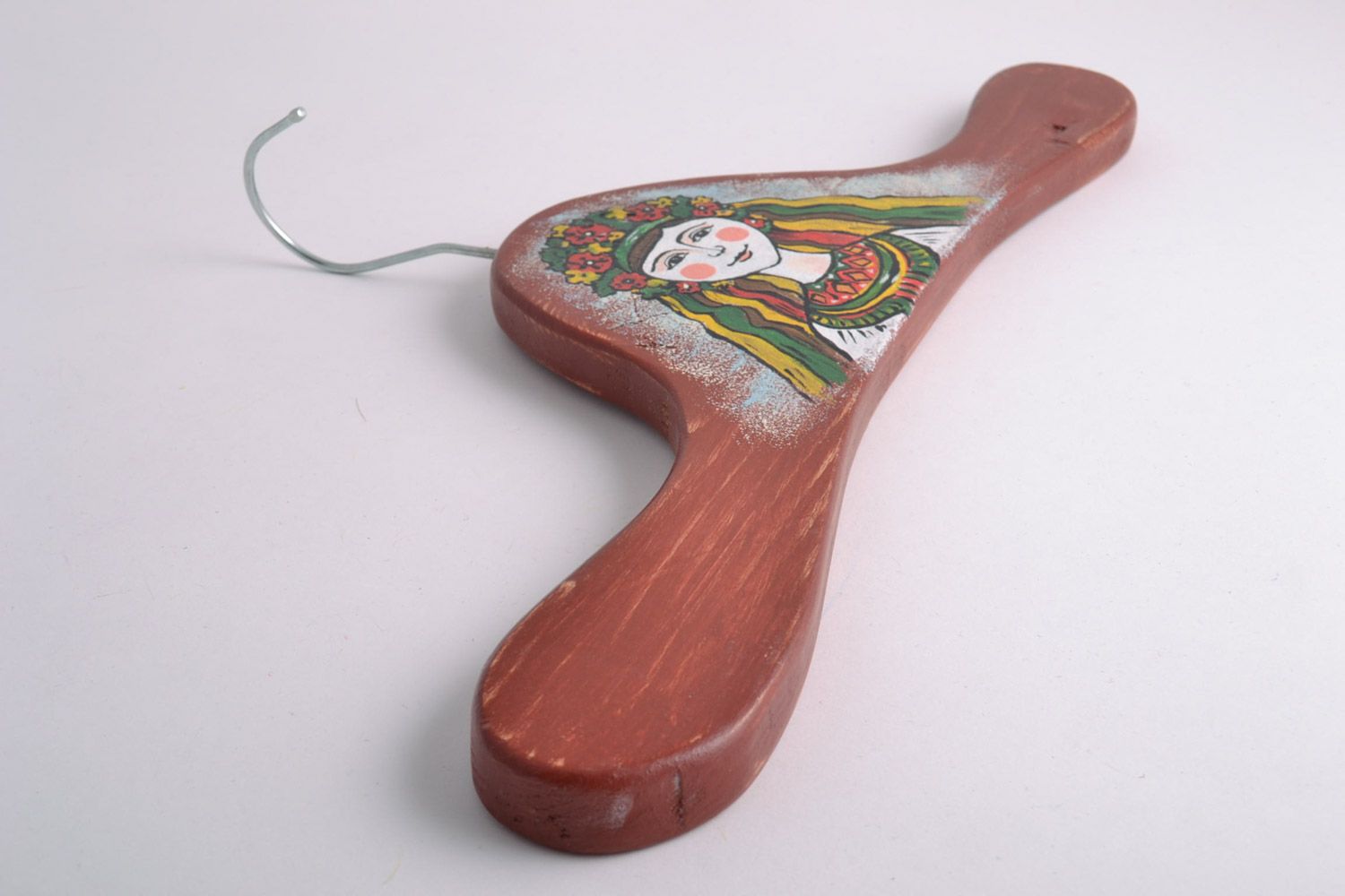 Handmade decorative wooden clothes hanger with painted image of Ukrainian girl photo 2