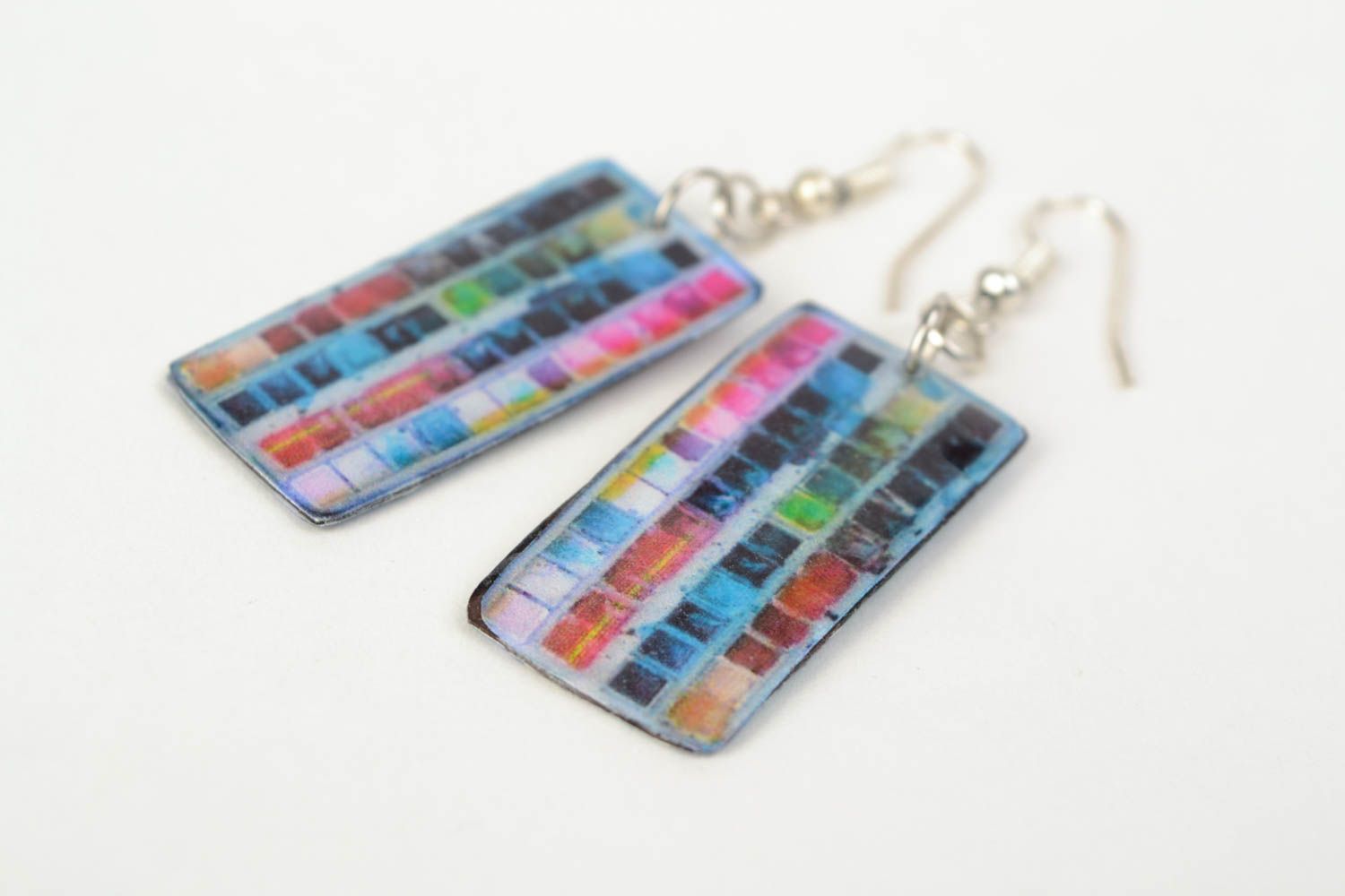 Handmade earrings with charms made of polymer clay and epoxy resin with decoupage photo 5
