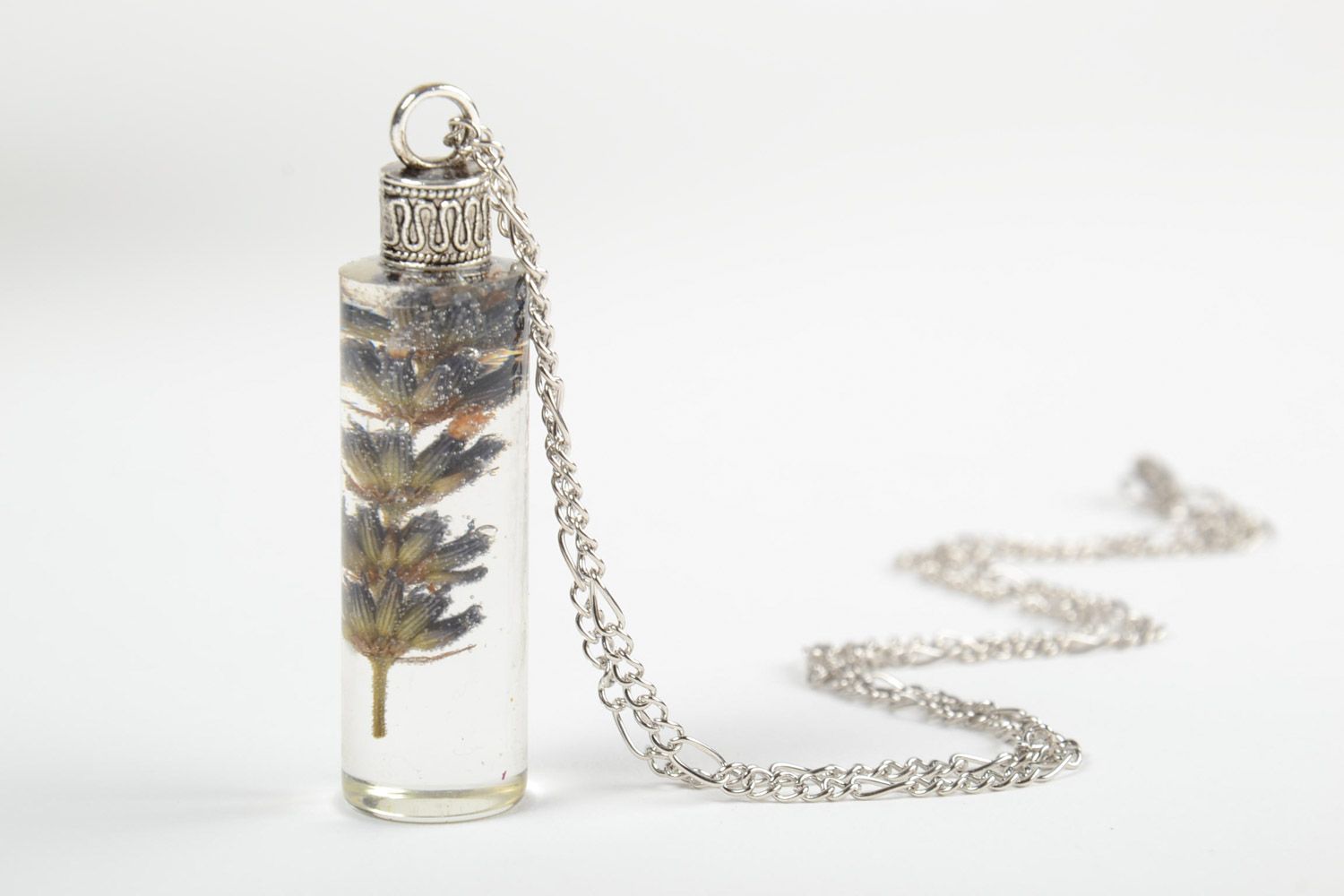Handmade epoxy resin pendant with flowers in the shape of vial on chain photo 4