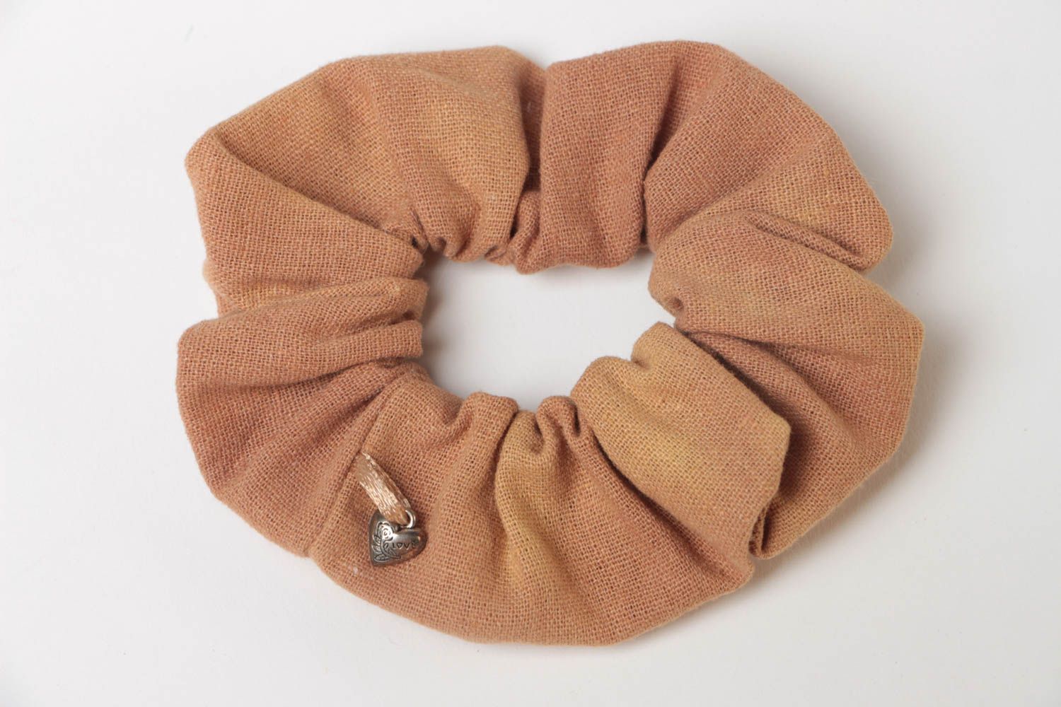 Handmade decorative elastic hair band sewn of linen fabric of coffee color photo 2